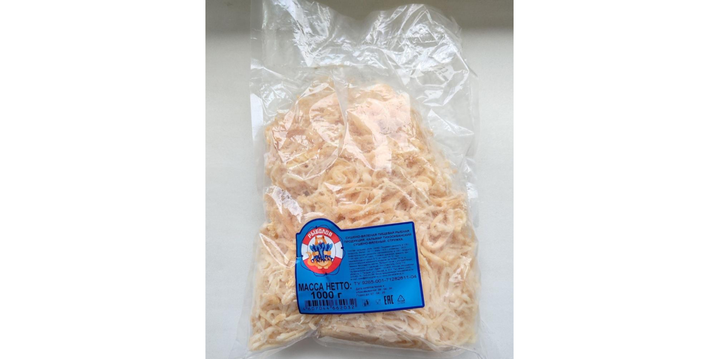 Сушено-вяленая пищевая рыбная продукция. Кальмар тихоокеанский сушено-вяленый. Стружка с маркировкой "Рыболов"